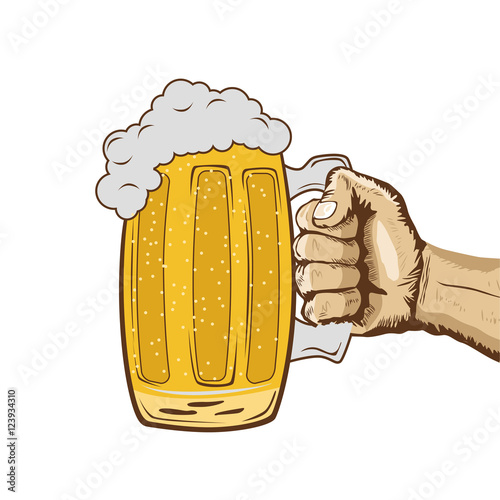 sketch of hand holding mug of beer, hand drawn illustration over white background