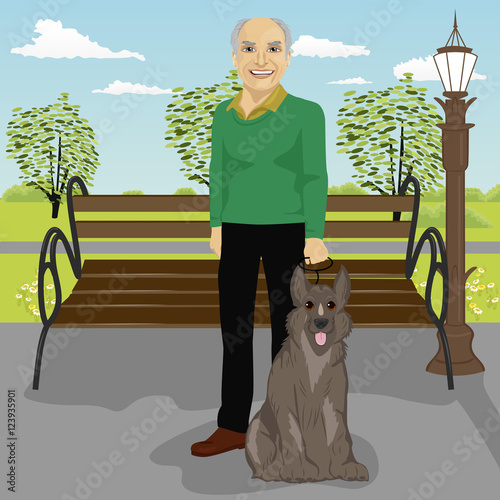 elderly man and his dog in park in summer