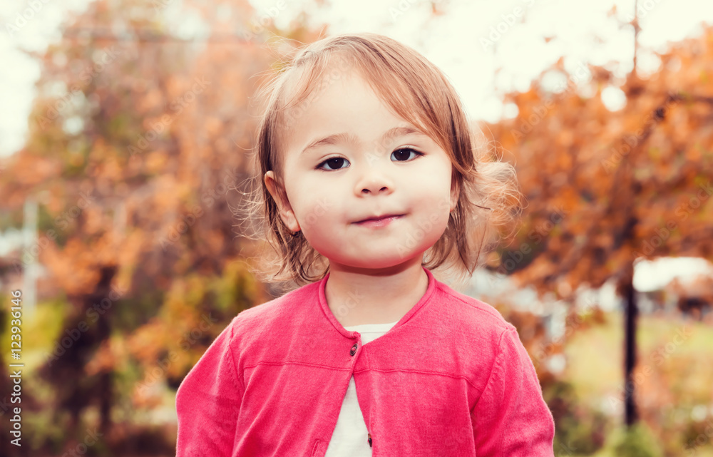 Happy toddler girl smiling outside in the fall Happy toddler girl smiling outside in the fall