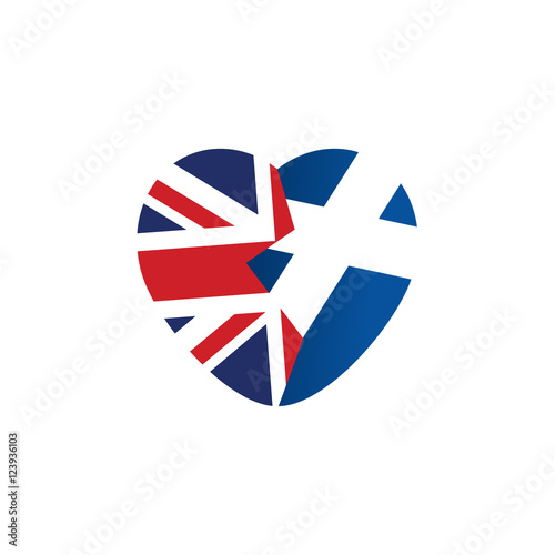Brexit icon. British flag. Scottish flag. Broken heart, symbol of imminent exit of Scotland out of the Great Britain. Vector.