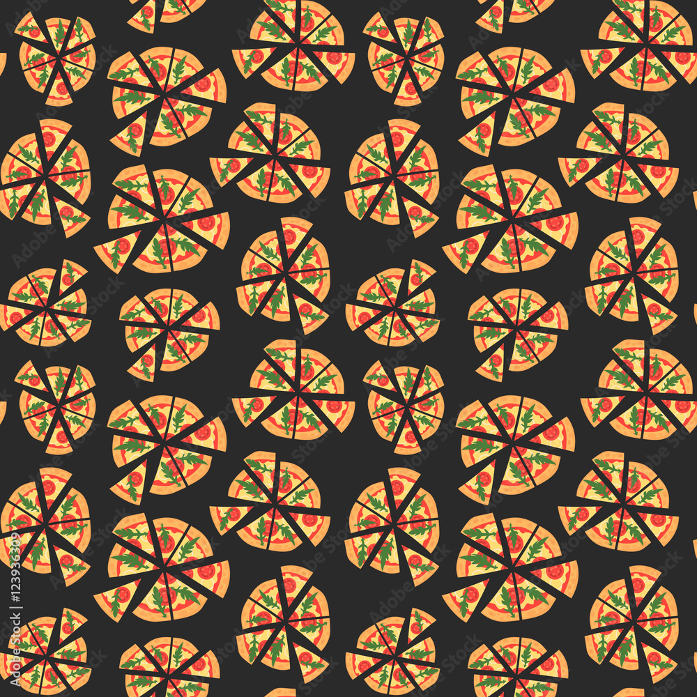 Vector texture of pattern with margherita pizza. Slices in a flat style. Seamless background