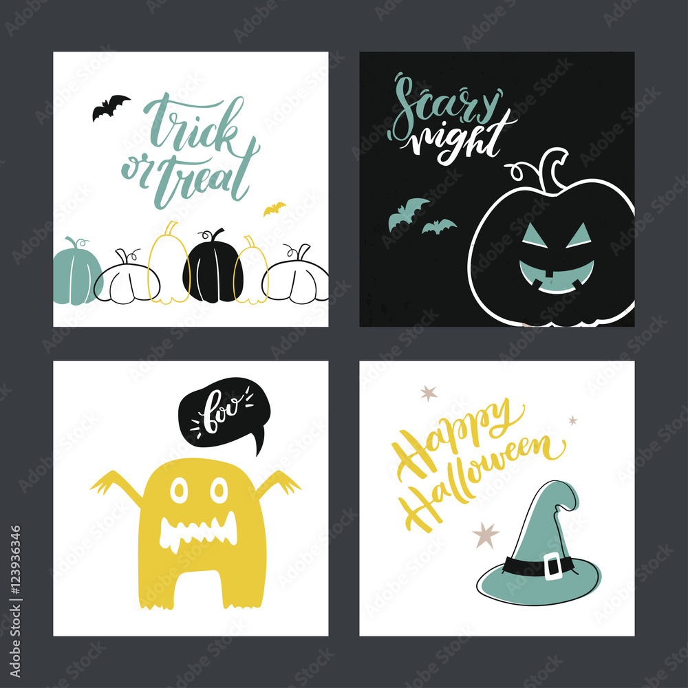 Fototapeta premium Set of Halloween cards. Handdrawn design elements with hat witch, pumpkin, monster and Jack. Vector collection.