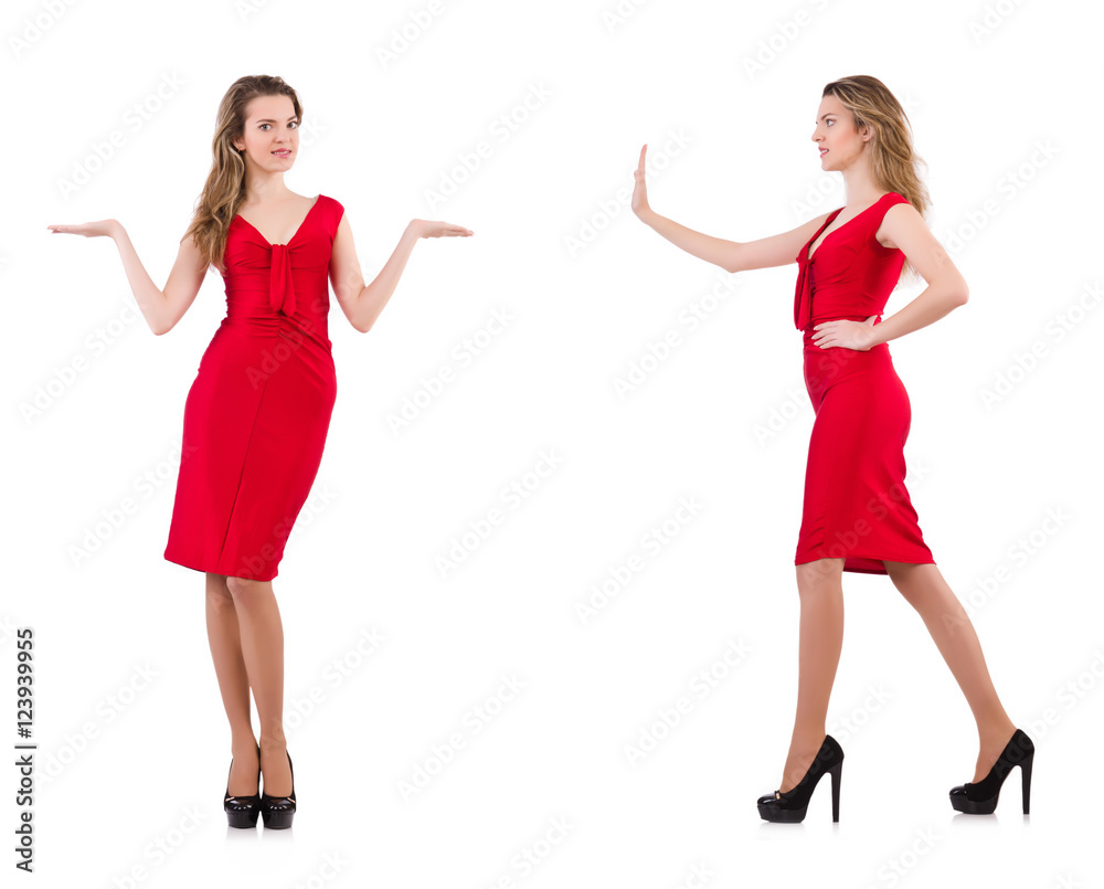 Young woman in red dress isolated on white Young woman in red dress isolated on white