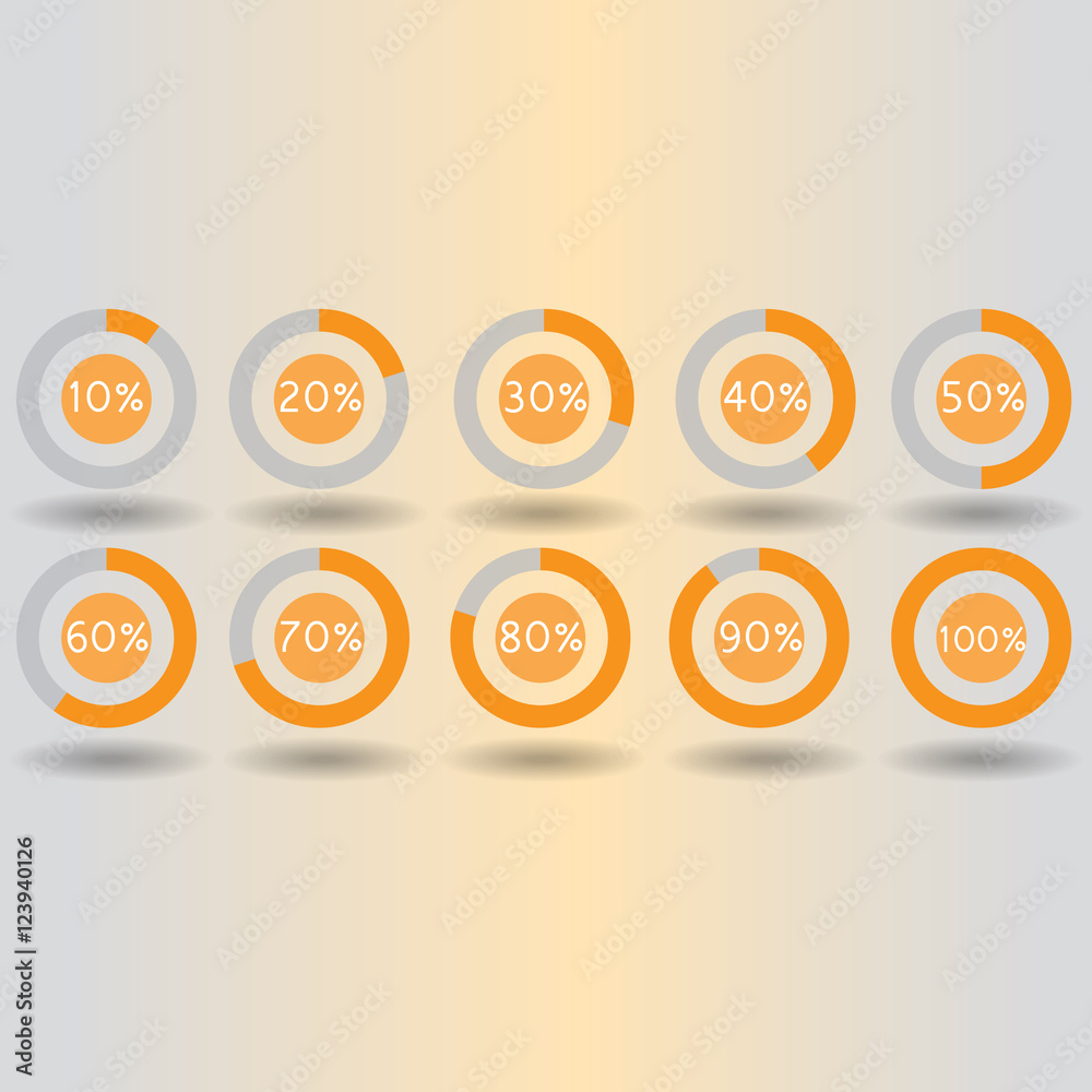 icons pie graph circle percentage orange chart 10 20 30 40 50 60 70 80 90 100 % set illustration round vector