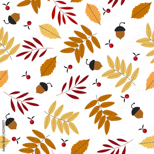 Autumn seamless pattern with leaves, acorns and rowans
