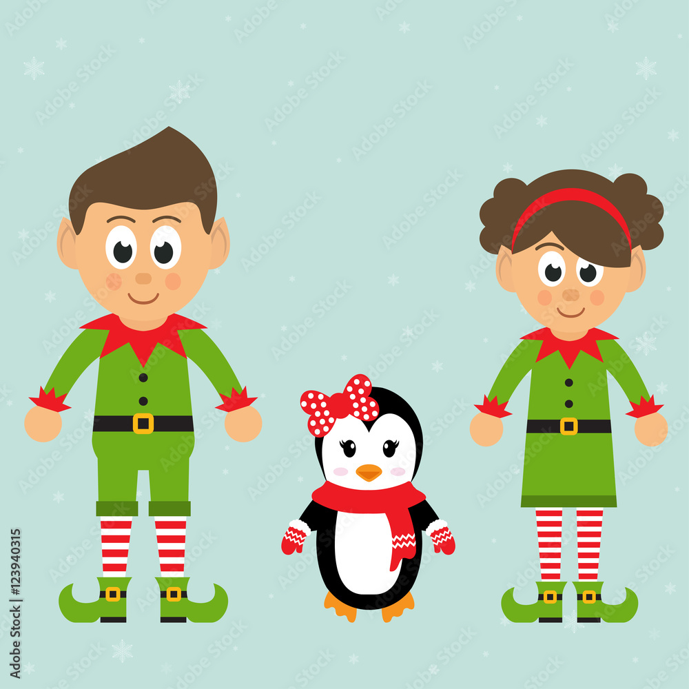 cartoon christmas elf and girl elf and winter penguin cartoon christmas elf and girl elf and winter penguin