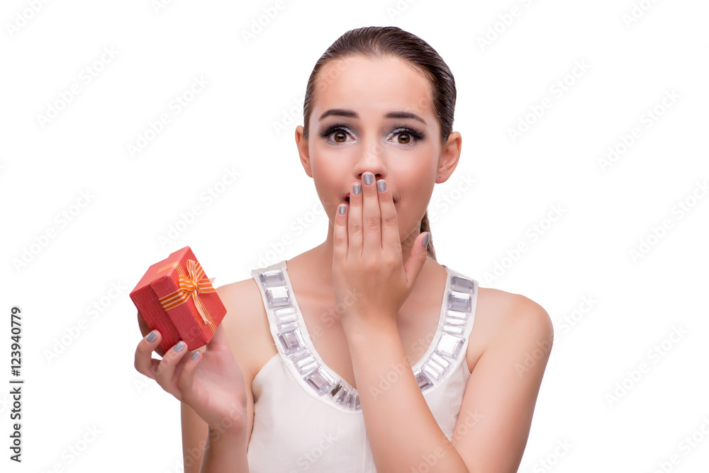 Young woman with giftbox isolated on white background Young woman with giftbox isolated on white background