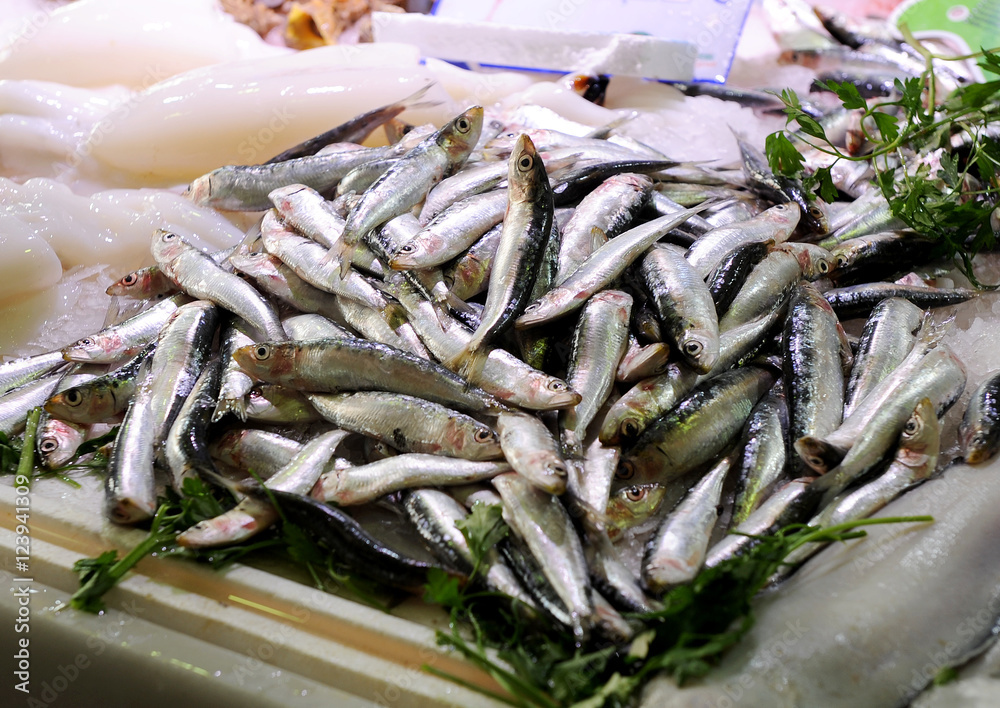Selling fresh fish at the fishmonger, fresh anchovies Selling fresh fish at the fishmonger, fresh anchovies