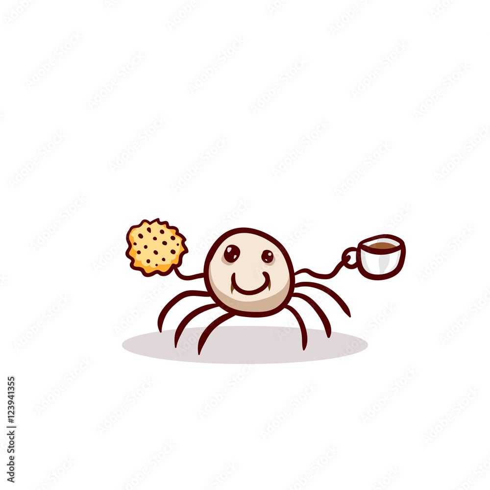 Happy vampire spider with coffee and cookie. Halloween vector clip-art, isolated on white. Hand drawn cartoon sketchy icon, design element for halloween party invitation card, sticker, greeting card Happy vampire spider with coffee and cookie. Halloween vector clip-art, isolated on white. Hand drawn cartoon sketchy icon, design element for halloween party invitation card, sticker, greeting card