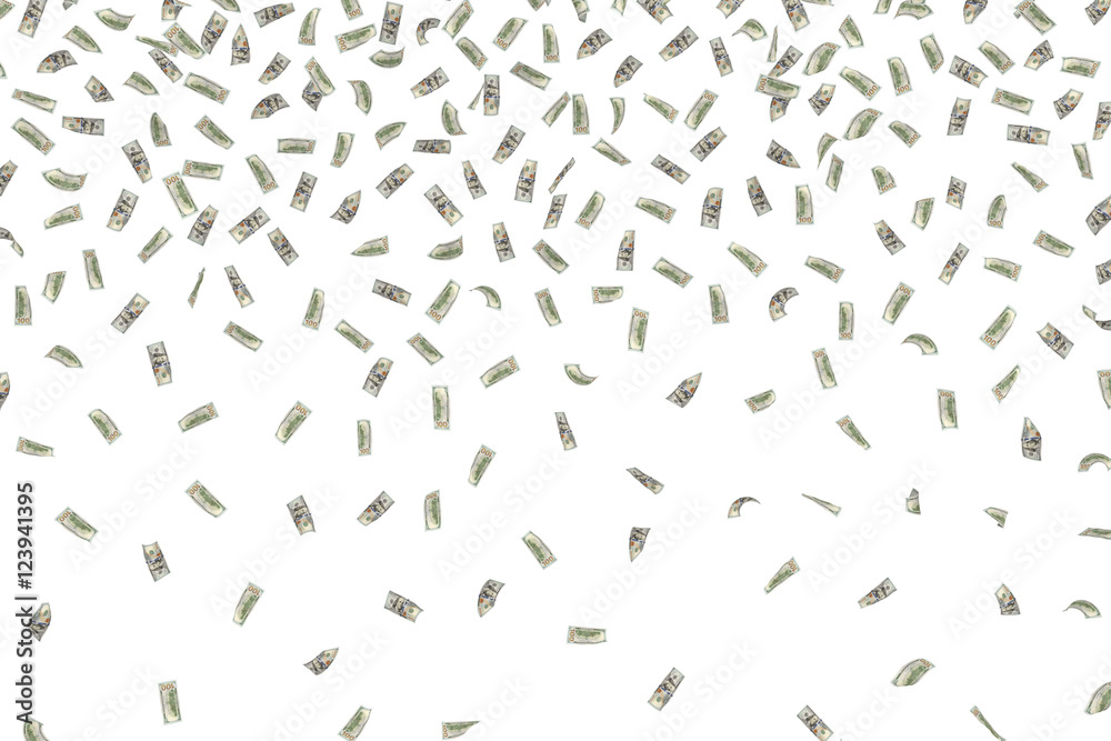 Rendering a lot of falling dollar bills, on white background