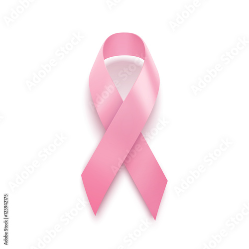Realistic pink ribbon. Breast cancer Awareness symbol. Women healthcare concept. Vector illustration, isolated on white.