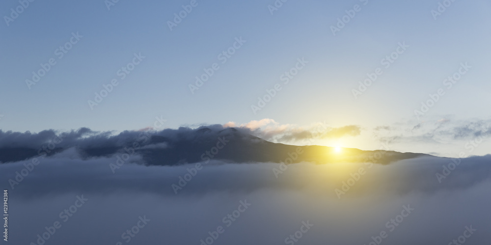 sunrise sun mountains fog