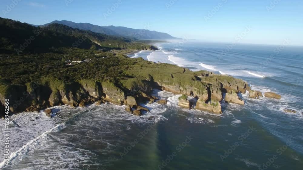 Scenic aerial Pancake Rocks (Dolomite Point), Punakaiki, New Zealand