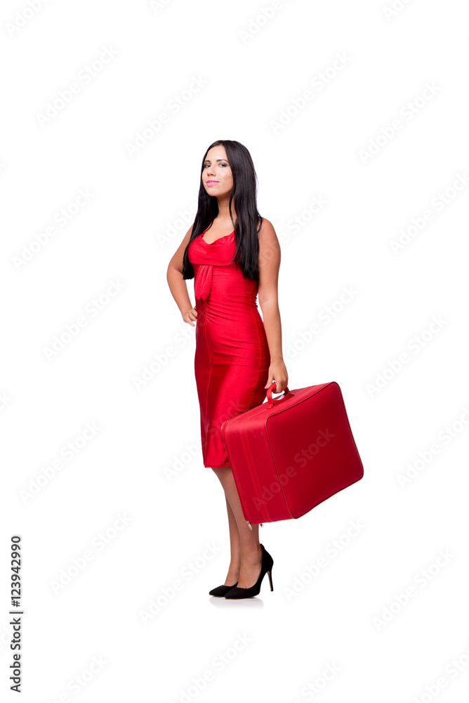 Woman with suitcase isolated on white background Woman with suitcase isolated on white background