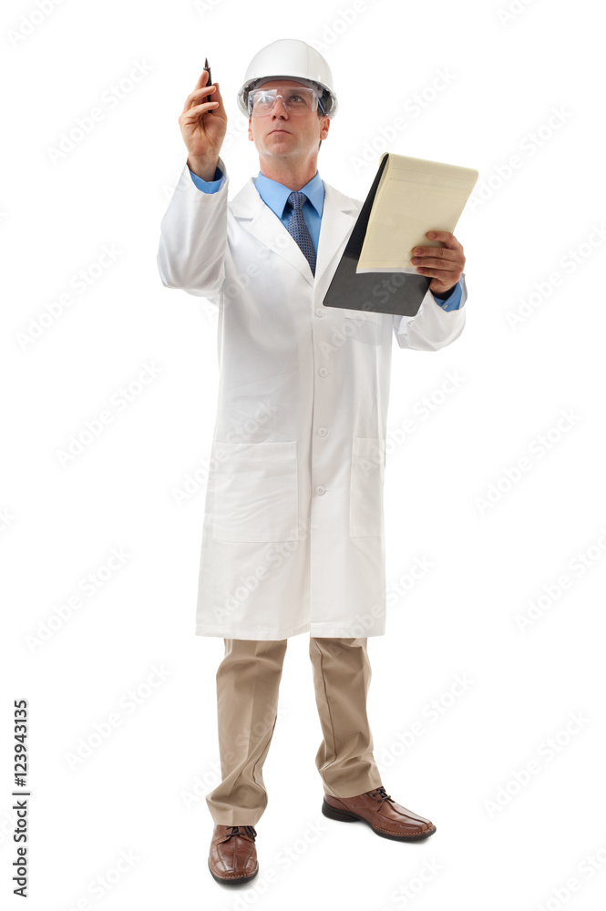 Full-length scientist chemical petrochemical gas oil engineer in lab coat eyeprotection and hard hat with clipboard isolated on white background Full-length scientist chemical petrochemical gas oil engineer in lab coat eyeprotection and hard hat with clipboard isolated on white background