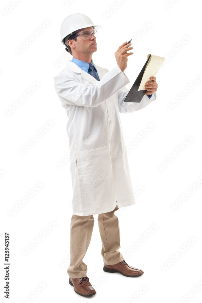 Full-length scientist researcher chemical industry engineer in white lab coat and hard hat with clipboard isolated on white background Full-length scientist researcher chemical industry engineer in white lab coat and hard hat with clipboard isolated on white background