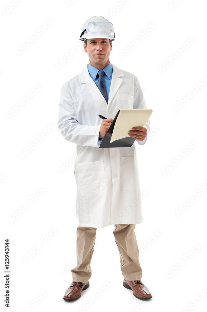 Full-length scientist engineer chemical industrial researchers in hard hat and lab coat with clipboard isolated on white background