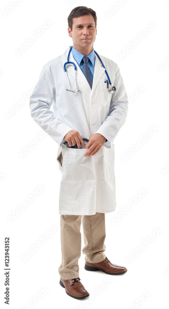 Full-length doctor physician in lab coat with stethoscope isolated on white background Full-length doctor physician in lab coat with stethoscope isolated on white background