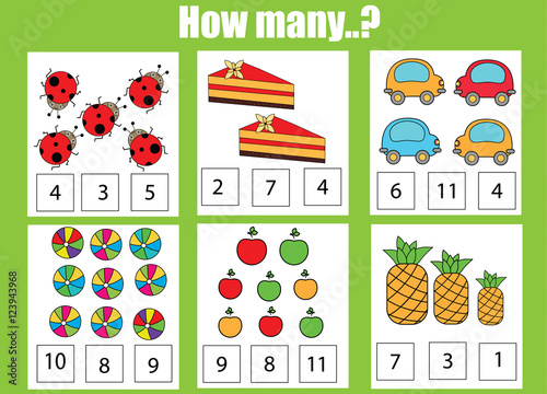 Counting educational children game, kids activity worksheet. How many objects task
