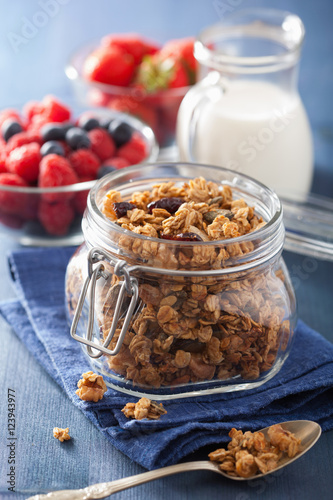 homemade healthy granola in glass jar and berries © Olga Miltsova