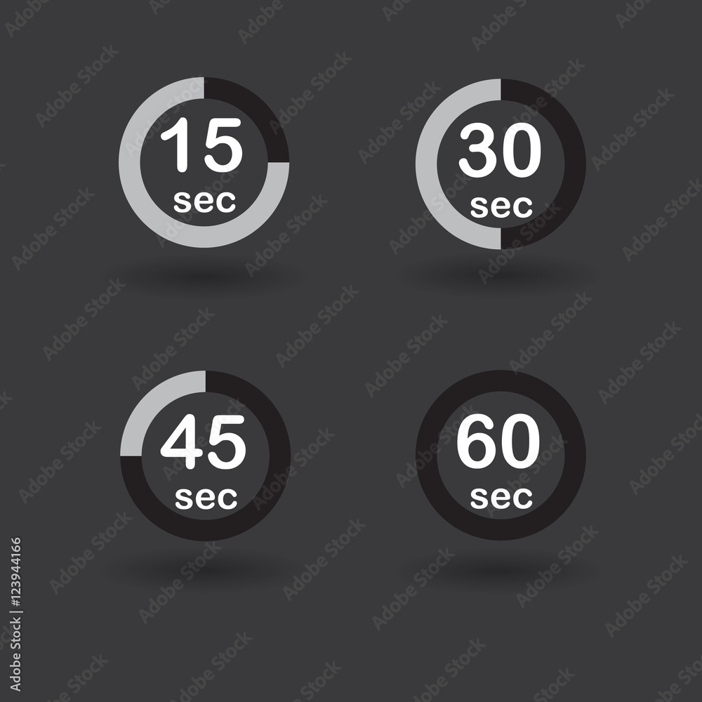 Time, clock, stopwatch, timer progress circles set 15 30 45 60 sec black vector illustration Time, clock, stopwatch, timer progress circles set 15 30 45 60 sec black vector illustration
