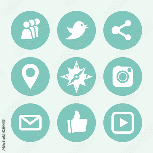 Social networks blue icon set, flat design. Vector illustration.