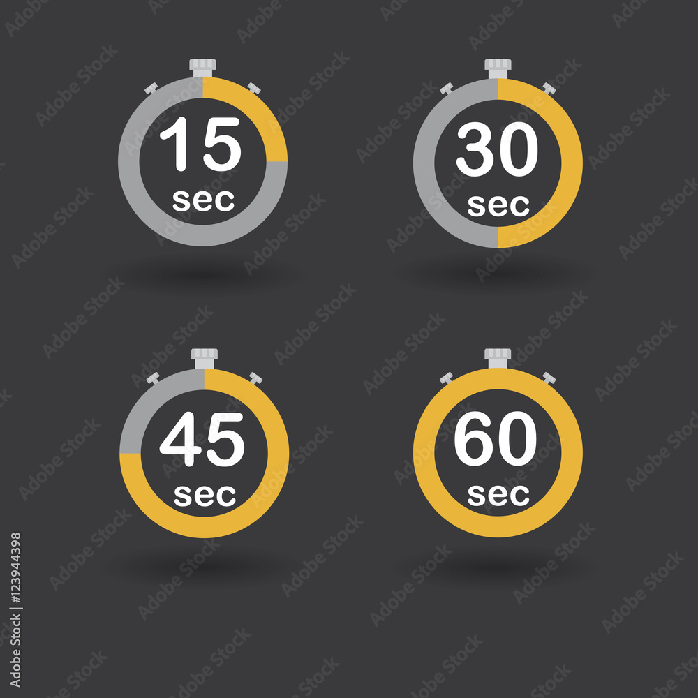 Time, clock, stopwatch, timer progress circles set 15 30 45 60 sec orange vector illustration