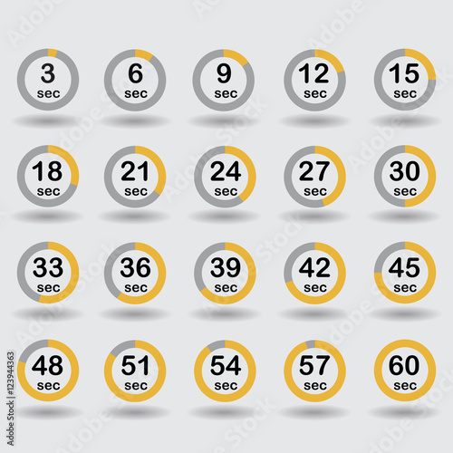 Time, clock, stopwatch, timer progress circles set 5-60 sec with increments of 5 sec orange vector illustration