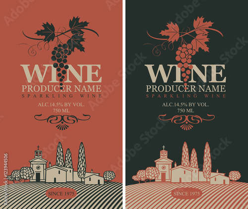 wine labels set with a landscape of vineyards