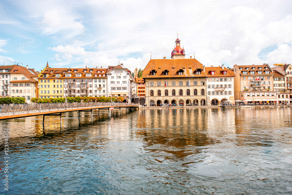 View on the riverside with beautiful buildings in Lucerne old town in Switzerland