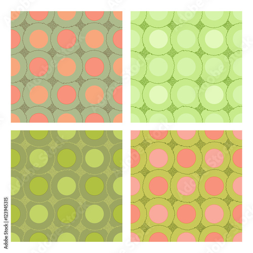 Set of seamless patterns with circles and linear pattern. The figures superimposed on each other. Green-pink range.