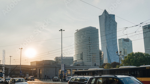 Warsaw city center at sunset in big town