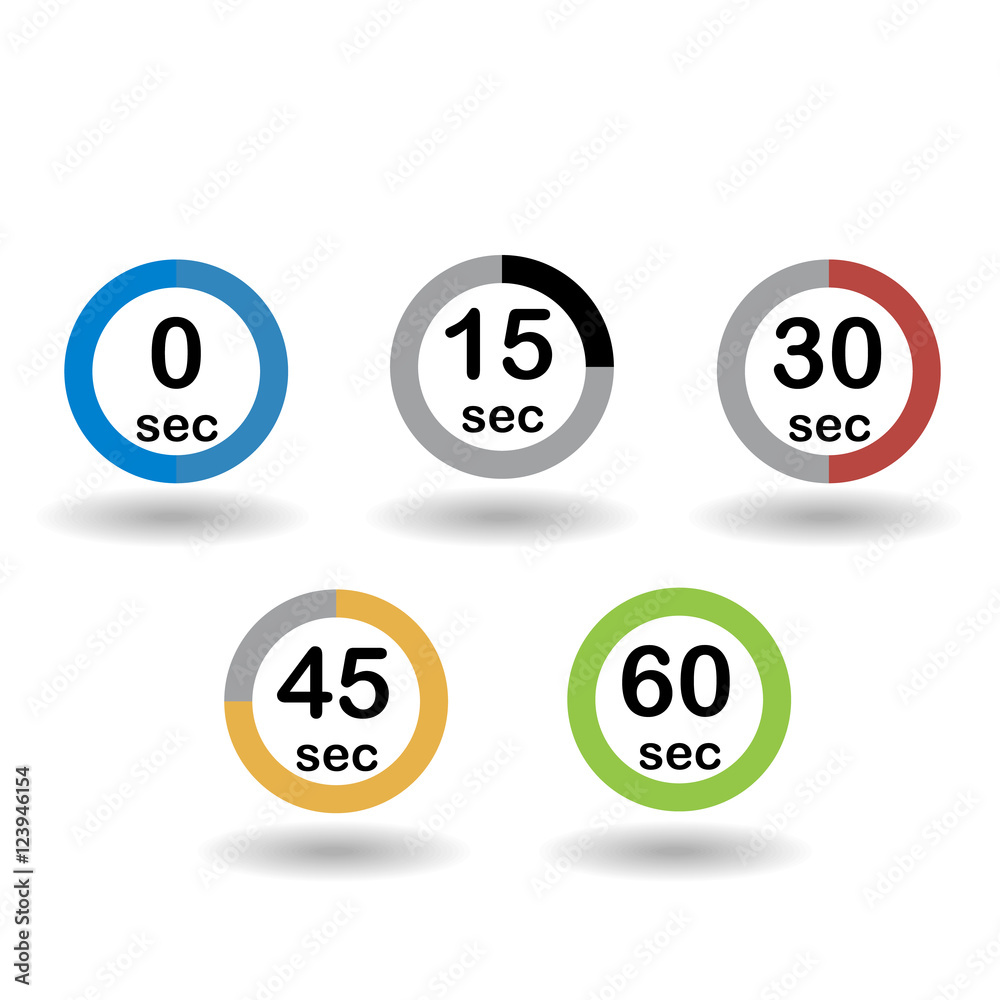 Time, clock, stopwatch, timer progress circles set 0 15 30 45 60 sec rainbow sport rings vector illustration Time, clock, stopwatch, timer progress circles set 0 15 30 45 60 sec rainbow sport rings vector illustration