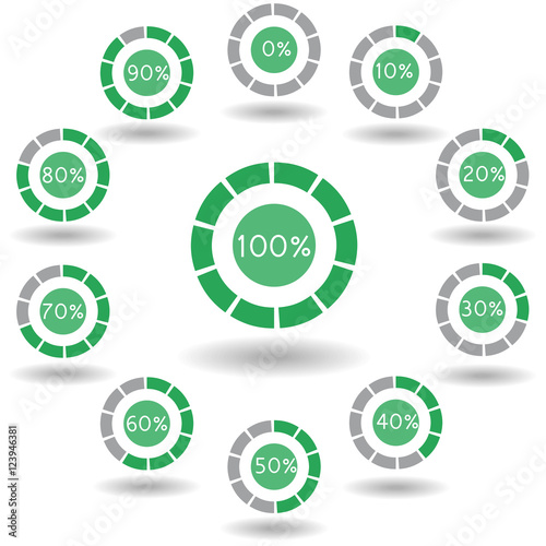 icons pie graph circle percentage green chart 0 10 20 30 40 50 60 70 80 90 100 % set illustration round vector