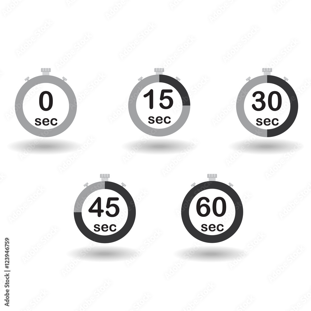 Time, clock, stopwatch, timer progress circles set 0 15 30 45 60 sec black sport rings vector illustration Time, clock, stopwatch, timer progress circles set 0 15 30 45 60 sec black sport rings vector illustration