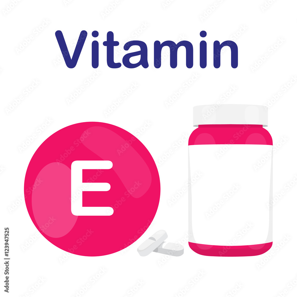 Vitamin E with bottle of tablets, capsules and pills. Pink circle bubble. Vector illustration Vitamin E with bottle of tablets, capsules and pills. Pink circle bubble. Vector illustration