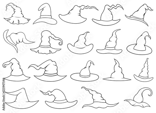Set of different witch hats isolated on white