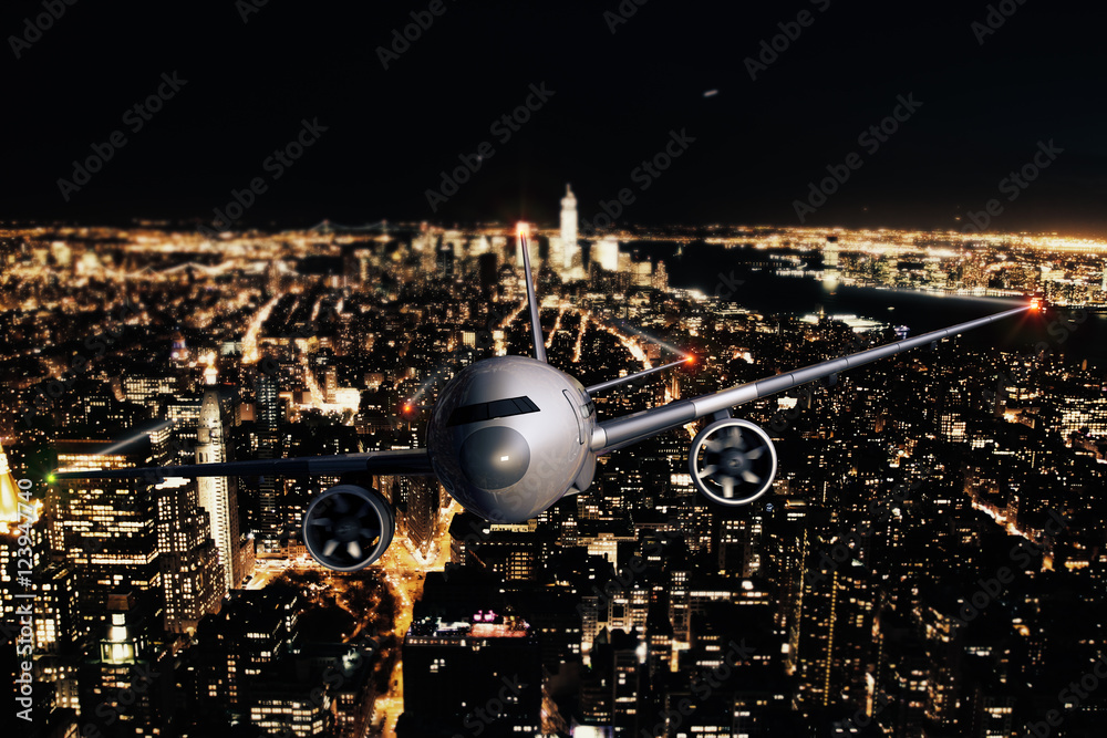 Obraz premium Airplane on night city background