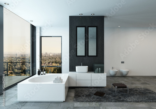 Modern bathroom interior with city view