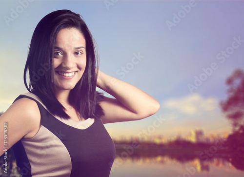 beautiful young woman smiling in Sao Paulo Ibirapuera Park