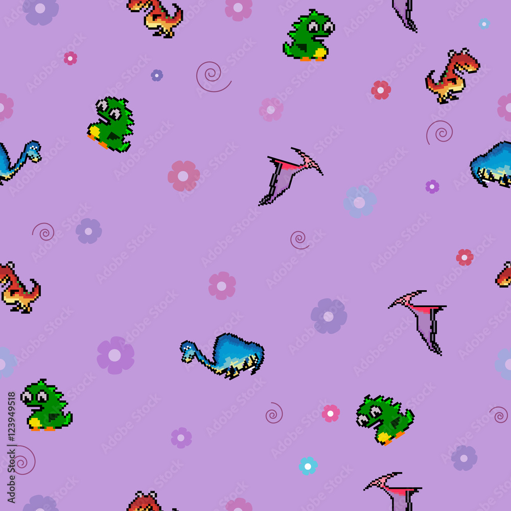 Seamless pixel pattern with funny cartoon dinosaurs. Ideal for c