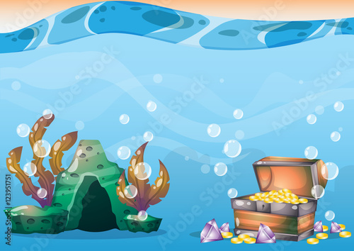 Fototapeta Naklejka Na Ścianę i Meble -  cartoon vector underwater treasure background with separated layers for game art and animation game design asset in 2d graphic