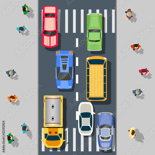Top view from city street with asphalt and transport. People walking down the sidewalk, intersecting the road at a pedestrian crossing. Urban landscape of the big place