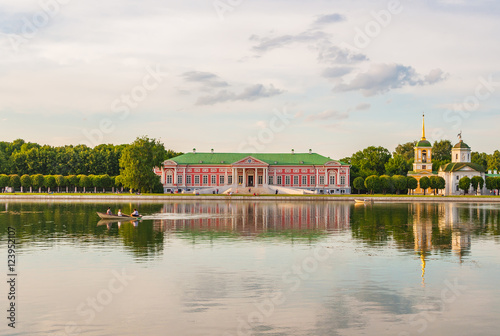 Panoramic view of the park and Kuskovo Palace on the sunset.