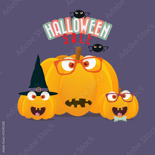 Halloween Sale Promotion Poster with Happy Pumpkins Hipster Family.