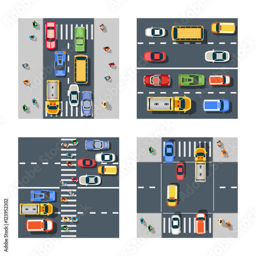 Traffic Transportation set of city streets with traffic, cars and trucks. Urban roadways and sidewalks with pedestrian crossings