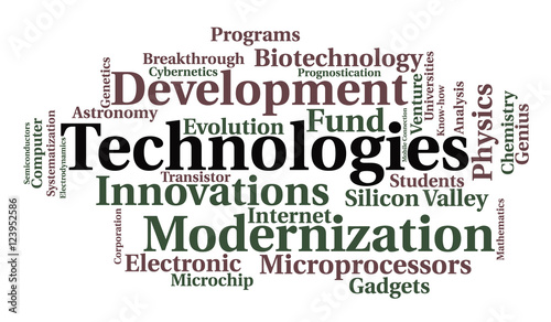 Technologies word cloud. Innovations concept. White background.