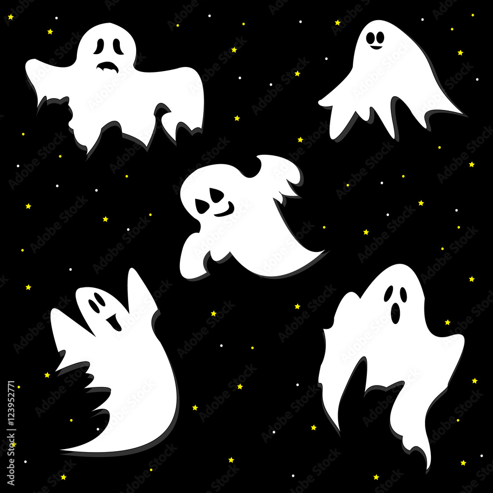 Set of cute and funny Halloween ghosts. Vector of white ghosts. Set of cute and funny Halloween ghosts. Vector of white ghosts.