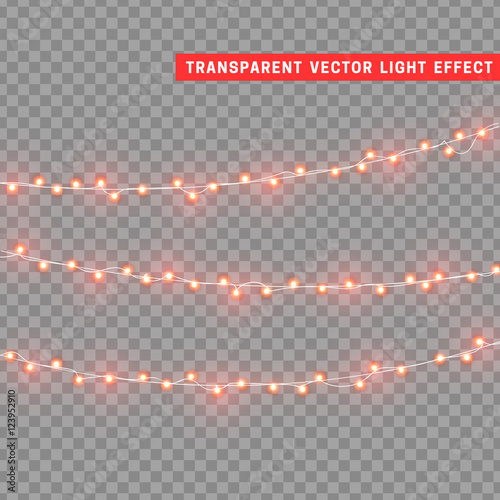Christmas lights isolated realistic design elements. Glowing lights for Xmas Holiday greeting card design. Garlands, Christmas decorations.