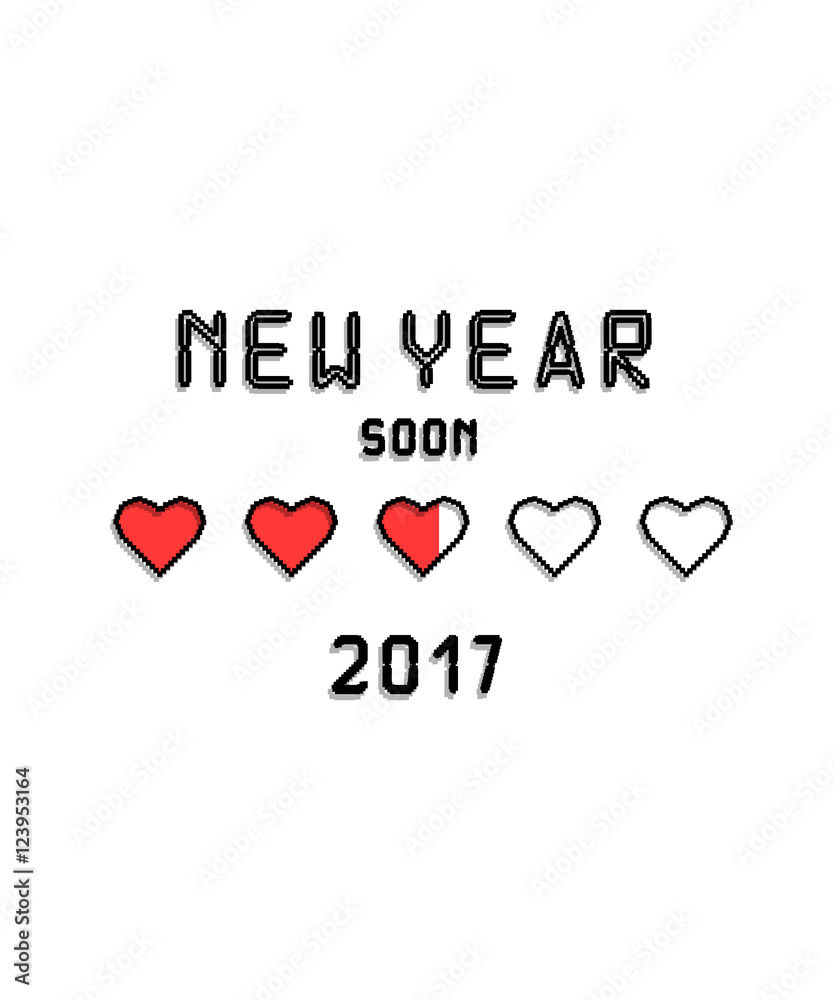 New Year 2017 inscription greeting cards in style pixel art with red hearts and empty. New Year 2017 inscription greeting cards in style pixel art with red hearts and empty.